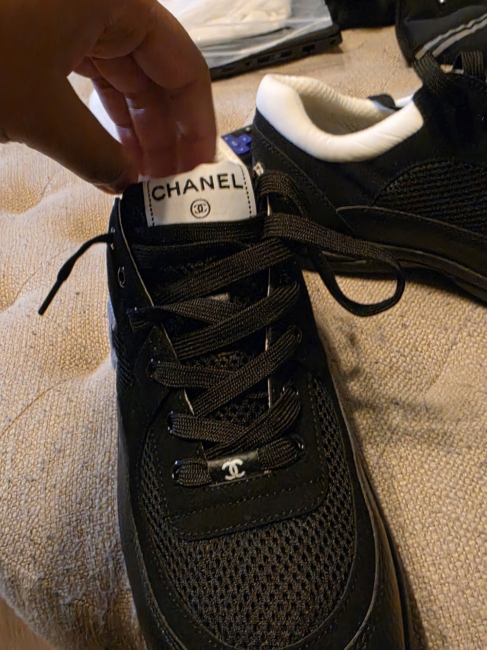 CHANEL Men’s Black and White Mesh Leather Sneakers
